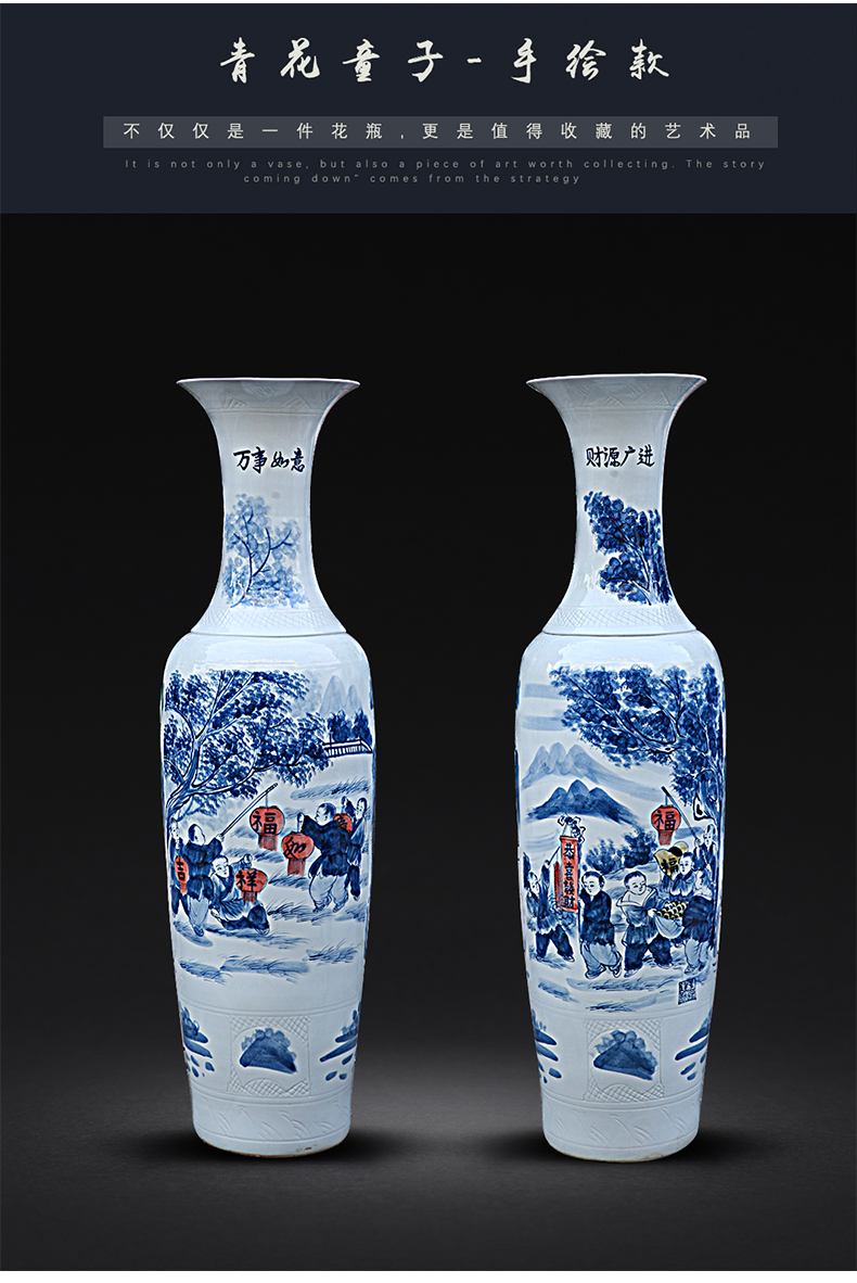 Jingdezhen ceramics landing large hand blue and white porcelain vase the lad figure source of money widely enter household hotel furnishing articles