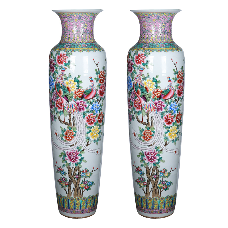 Jingdezhen ceramic hand - made famille rose porcelain landing big vase auspicious phoenix to meter villa hotel furnishing articles large living room