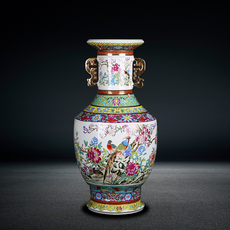 Jingdezhen Ceramics Antique Qianlong Double Ear Porcelain King Drawing Gold Flowers and Birds Floor Large Vase Living Room Decorations