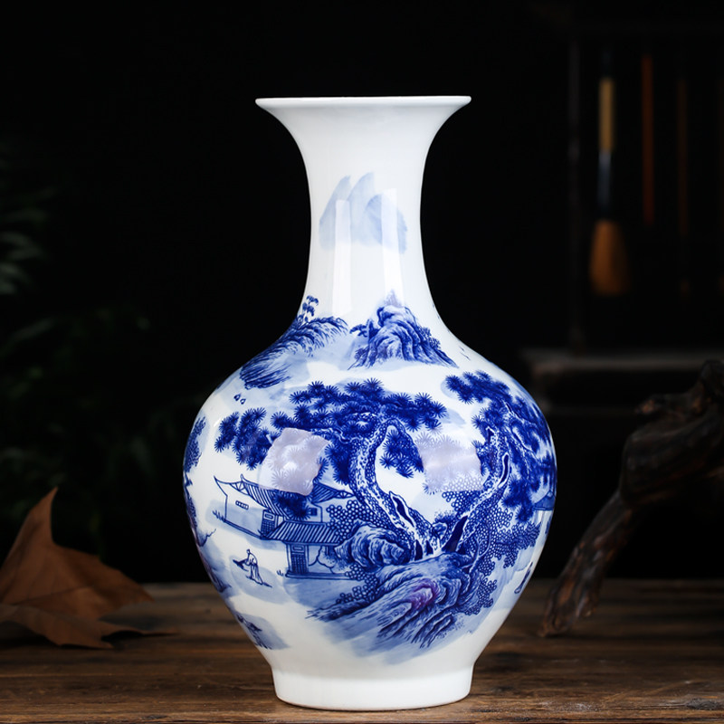 Jingdezhen Ceramics Antique Blue and White Porcelain Landscape Vase Large Chinese Home Living Room Ornament Decoration Bogu Rack
