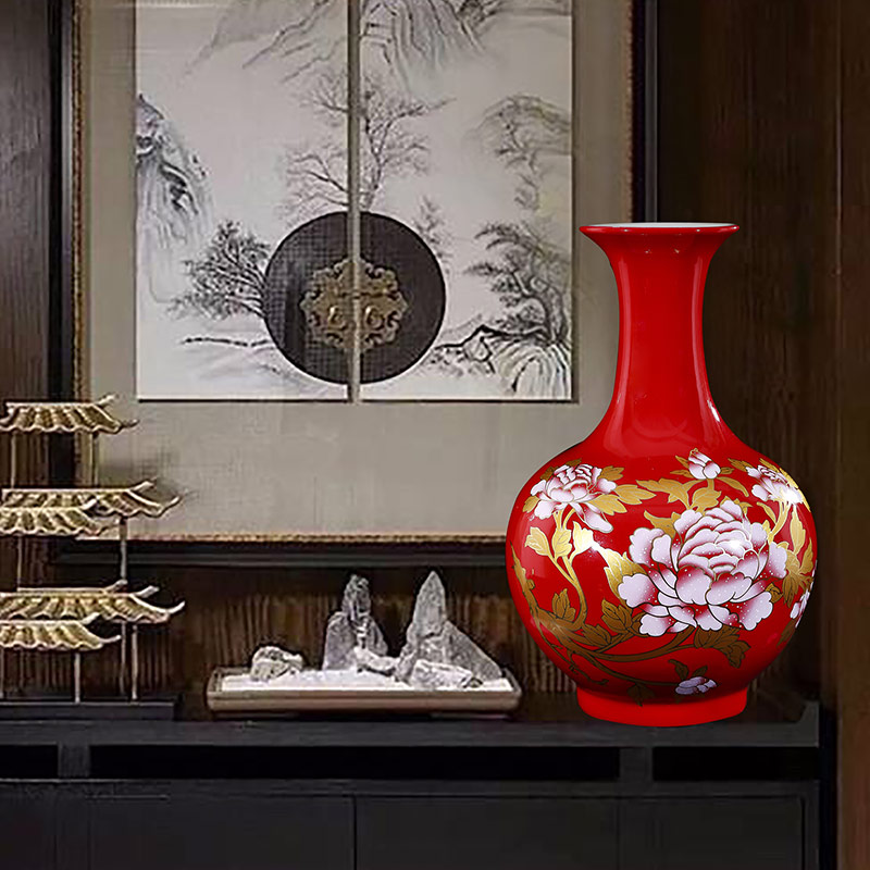 Jingdezhen ceramic new Chinese peony vase household living room TV ark, flower arrangement China ornament