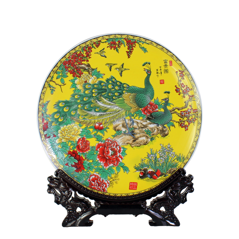 Jingdezhen ceramic powder enamel peacock sitting room porch decoration plate plate furnishing articles of Chinese style household TV ark, arts and crafts