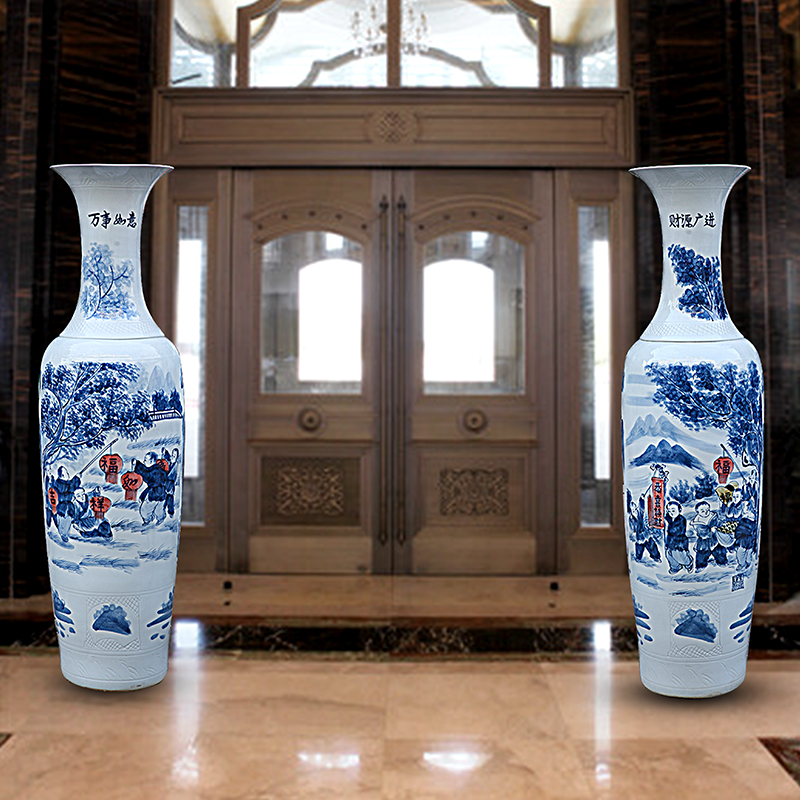 Jingdezhen ceramics landing large hand blue and white porcelain vase the lad figure source of money widely enter household hotel furnishing articles