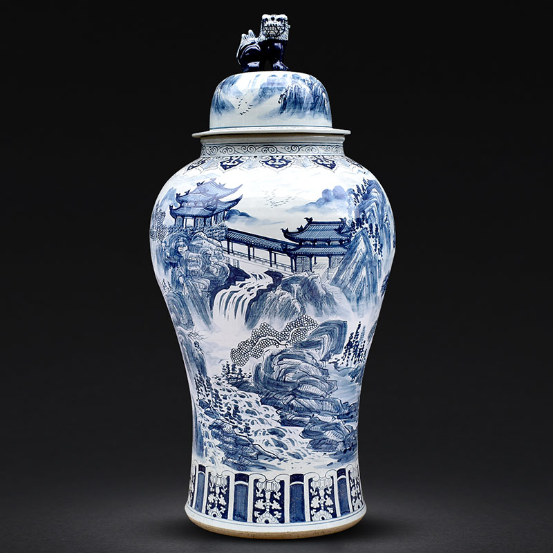 Jingdezhen ceramics general pot of blue and white hand draw dragon vase painting of flowers and archaize floor sitting room of Chinese style household furnishing articles