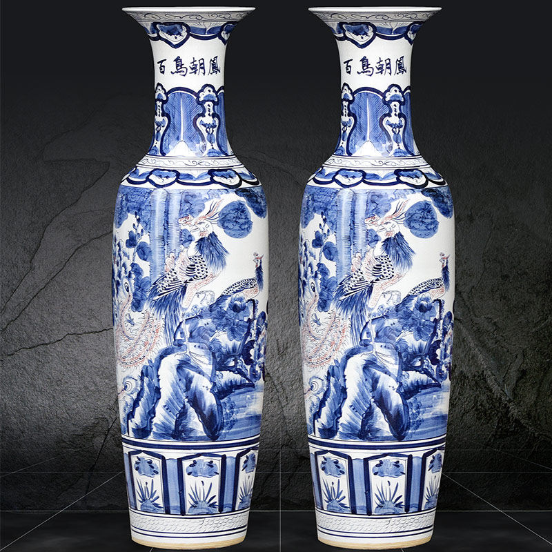 Jingdezhen ceramics floor-to-ceiling large vase Chinese-style ornaments hand-painted Hundred Birds Chaofeng living room home hotel decorations