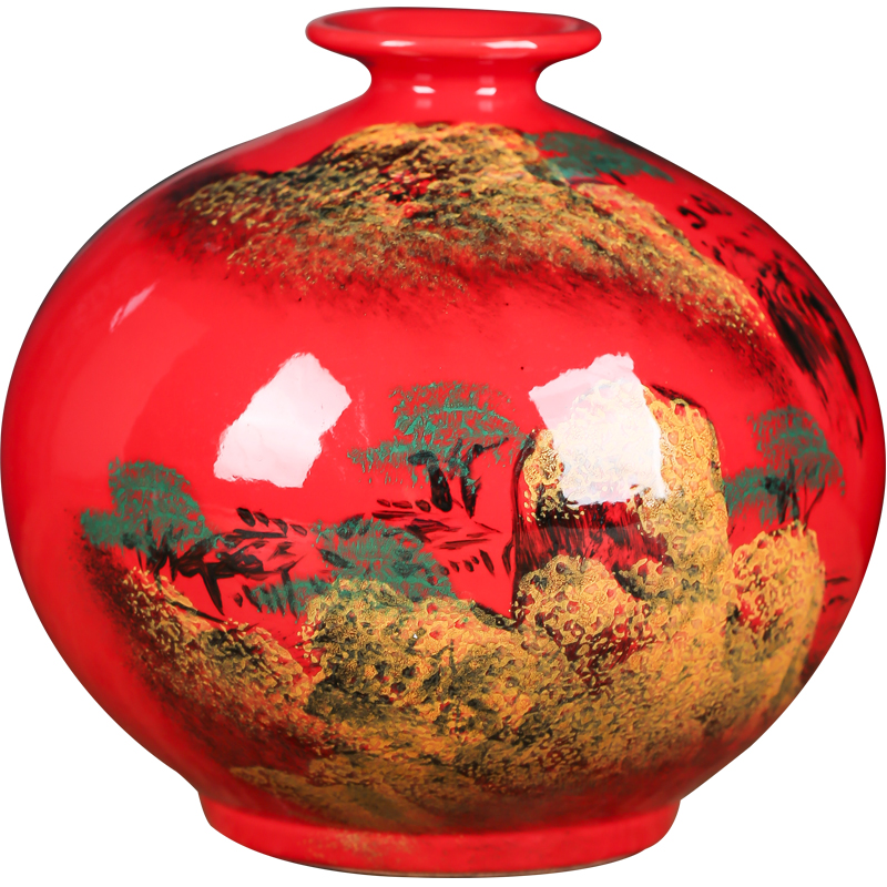Jingdezhen ceramic furnishing articles sitting room porch Chinese red hand draw landscape flower arranging decoration craft landing pot - bellied vase