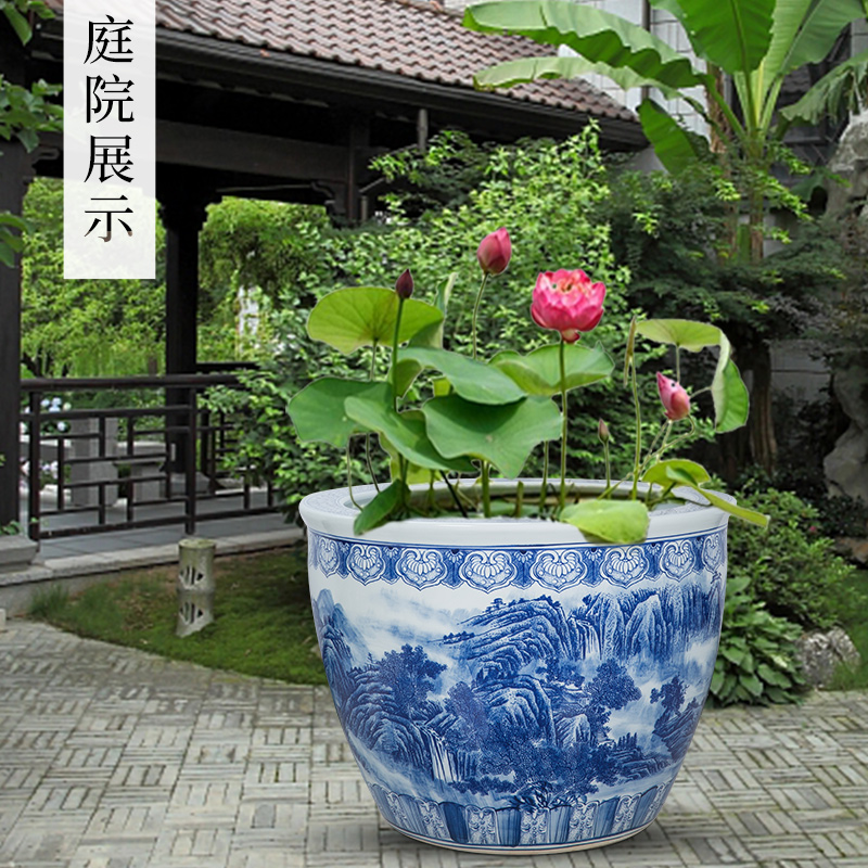 The Large blue and white porcelain of jingdezhen ceramics hand - made aquarium big flowers, potted garden decorative furnishing articles especially big fish bowl