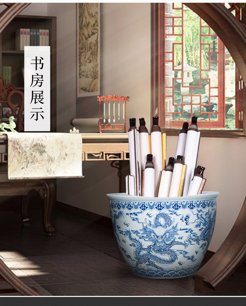 Jingdezhen blue and white dragon aquarium ceramic hand - made courtyard sitting room be born king turtle water lily cylinder furnishing articles