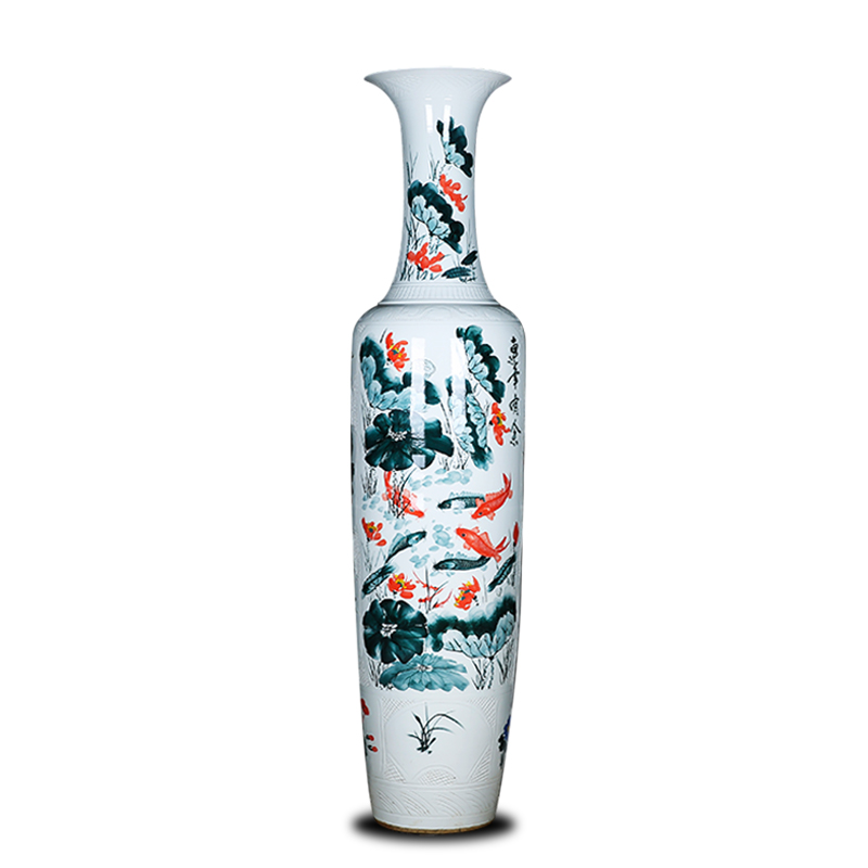 Jingdezhen ceramics fish landing big vase hand - made peony lotus sitting room adornment big furnishing articles hotel opening
