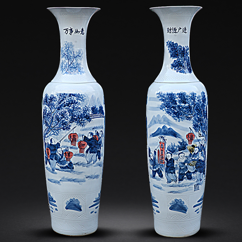 Jingdezhen ceramics landing large hand blue and white porcelain vase the lad figure source of money widely enter household hotel furnishing articles