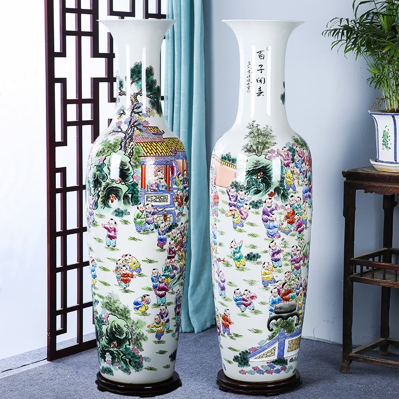 Jingdezhen Ceramic Powder Colored Hand-painted 100 Toulon Boy Landing Big vase Living room Swaying Pieces Modern Chinese Pendulum