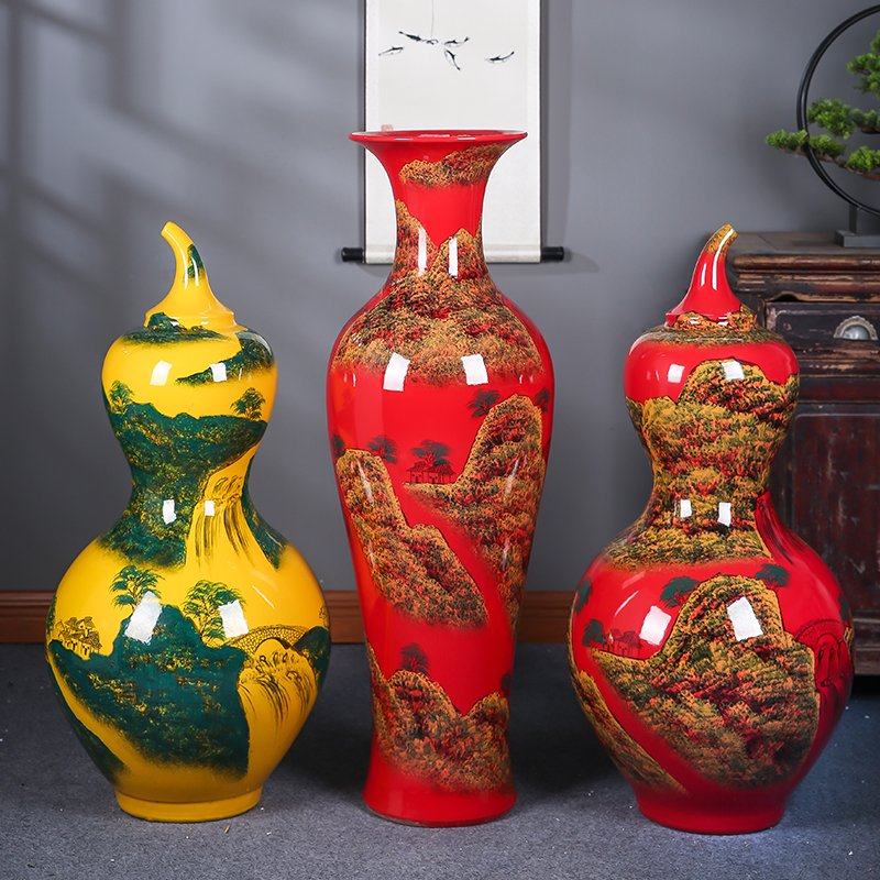 Jingdezhen ceramics Chinese red hand-painted landscape hyacinth floor-to-ceiling large vase decoration decoration living room hotel lobby