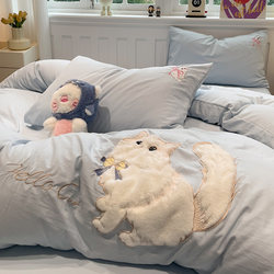 ins Milk Cat Wash Cotton Bed Four-piece Set Fall and winter Young Adult Quilt Cover Bed Sheets Non-cotton pure cotton Single Three-piece Set 4