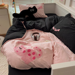 Cat Washed Cotton Bed Four-piece Set Summer Non-cotton pure cotton Bed Sheets Quilt Cover Dormitory Single Bedding Three-piece Set