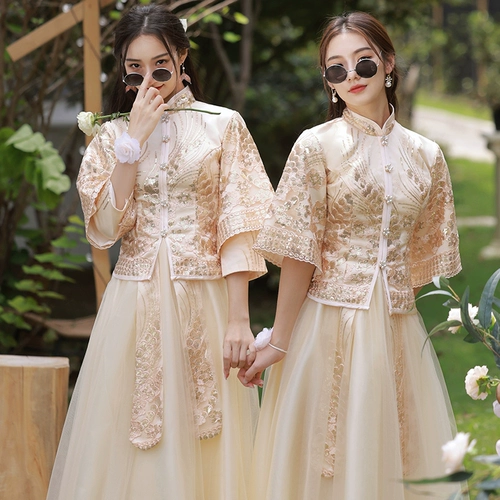 Летнее платье подружки невесты, золотой традиционный свадебный наряд Сюхэ, длинное вечернее платье для невесты, юбка, китайский стиль, по фигуре