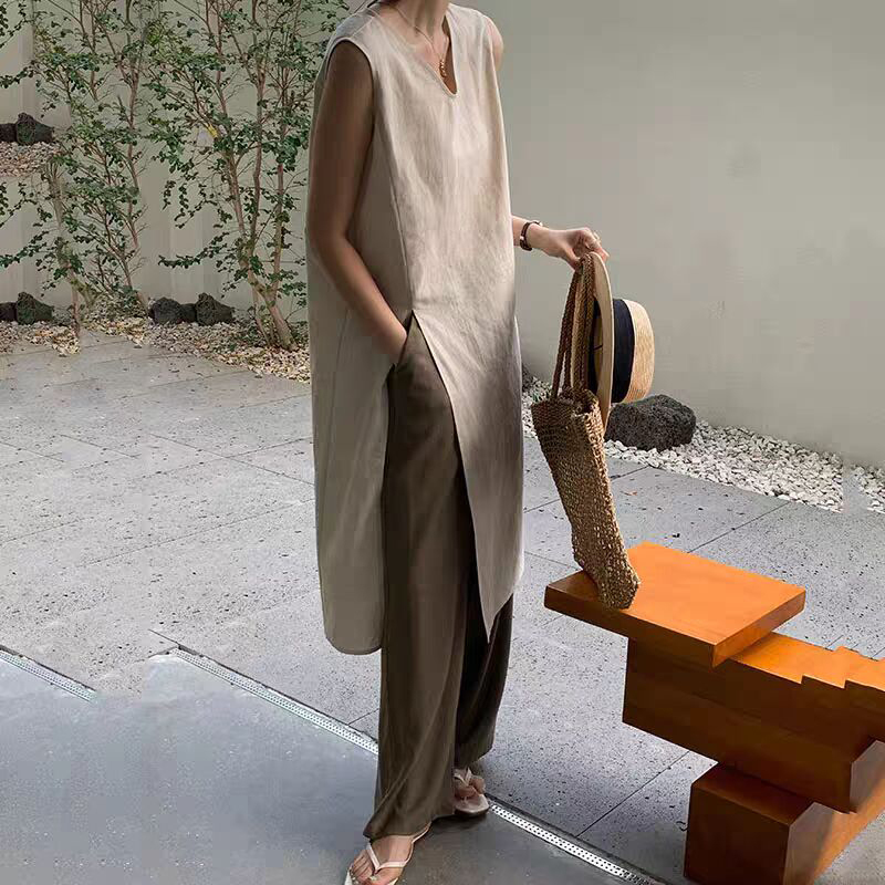French-Style Niche Linen Tank Dress for Women, Summer Design, Simple and Elegant, Sleeveless V-Neck Mid-Length Shirt Dress