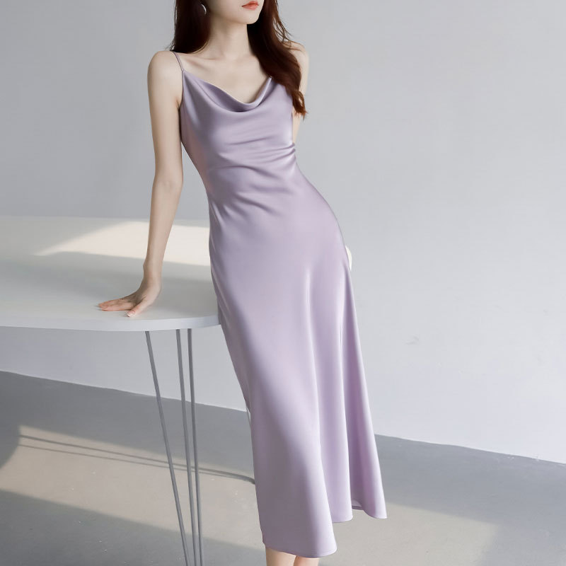 French Designer Brand Surplus Stock, Cut-Label, Elegant Socialite Base Layer Ice Silk Long Dress, Women's Acetate Satin Slip Dress