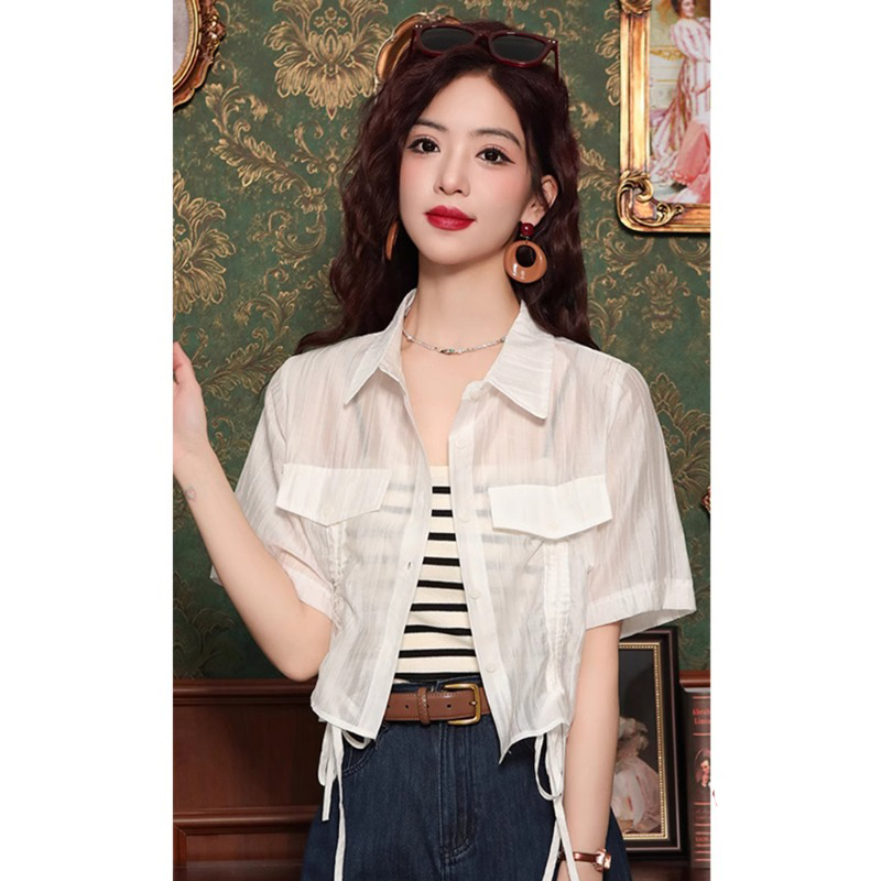 White Polo Collar Short-Sleeved Shirt, Sun Protection for Women, Thin Summer Style, Worn as an Outer Layer with a Small Shawl and a Camisole, Short Top White Polo Collar Short-Sleeved Shirt, Sun Protection for Women, Thin Summer Style, Worn as an Outer Layer with a Small Shawl and a Camisole, Short Top