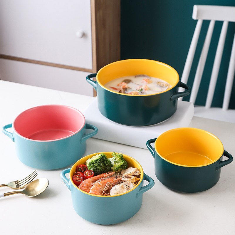 Soup bowl large household instant noodle bowl ceramic creative personality Nordic tableware eating noodles large bowl for instant noodle bowl male double ear bowl