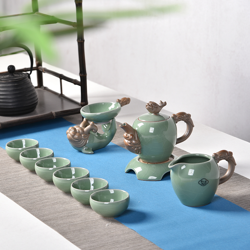 one thousand Changed Monkey Creative Green porcelain Gothic kiln ceramic tea set Kettle Bearing open sheet Ice Cracked Glaze Teapot Kongfu Tea With Whole Set-Taobao
