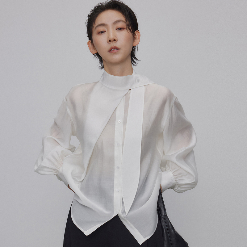 Jiang Qiaojie Soft Misty Light Temperament Scarf Collar Shirt 605626