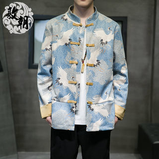 中国风仙鹤印花外套男春秋季唐装盘扣夹克立领盘扣男装青年中山装