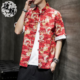 中国风男装龙纹印花唐装红色衬衫男士夏季薄款短袖青年中山装外套