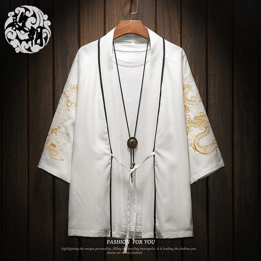 中国风刺绣龙袍开衫冰丝薄外套男夏季七分袖衬衫防晒衣服大码汉服