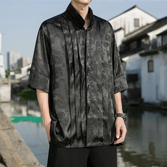 新中式冰丝薄款短袖衬衫男小众设计感衬衣复古提花缎面高级感上衣