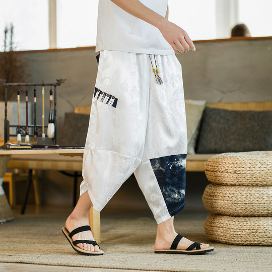 Kurz geschnittene Eisseidenhose für Herren im Sommer, dünne Laternen-Shorts mit weitem Bein, Drachenrobe für Herren im chinesischen Stil, lockere Rettich-Haremshose