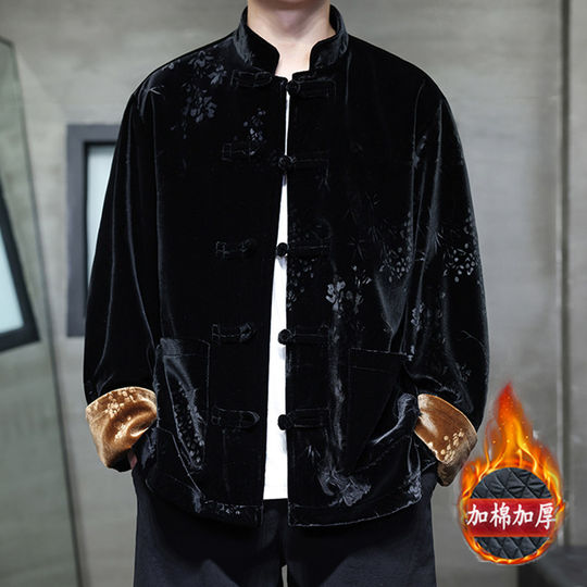 唐装男高级感黑色金丝绒夹克棉衣秋冬季中国风加棉加厚中山装外套
