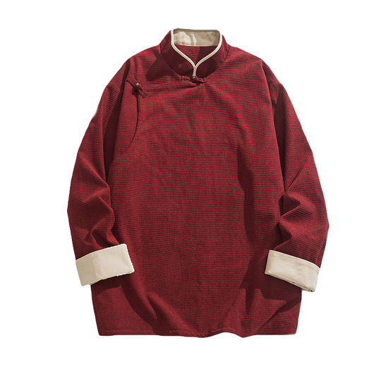 中式斜襟盘扣立领唐装茶服外套男中国风藏式衣服大码宽松道袍夹克