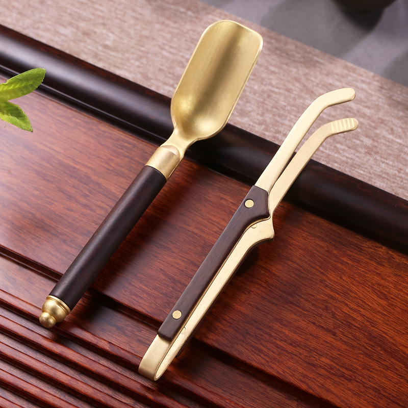 Pure copper solid wood tea clip set teaspoon high grade teacup tweezers wash cup clip tea clip tea ceremony tea set accessories