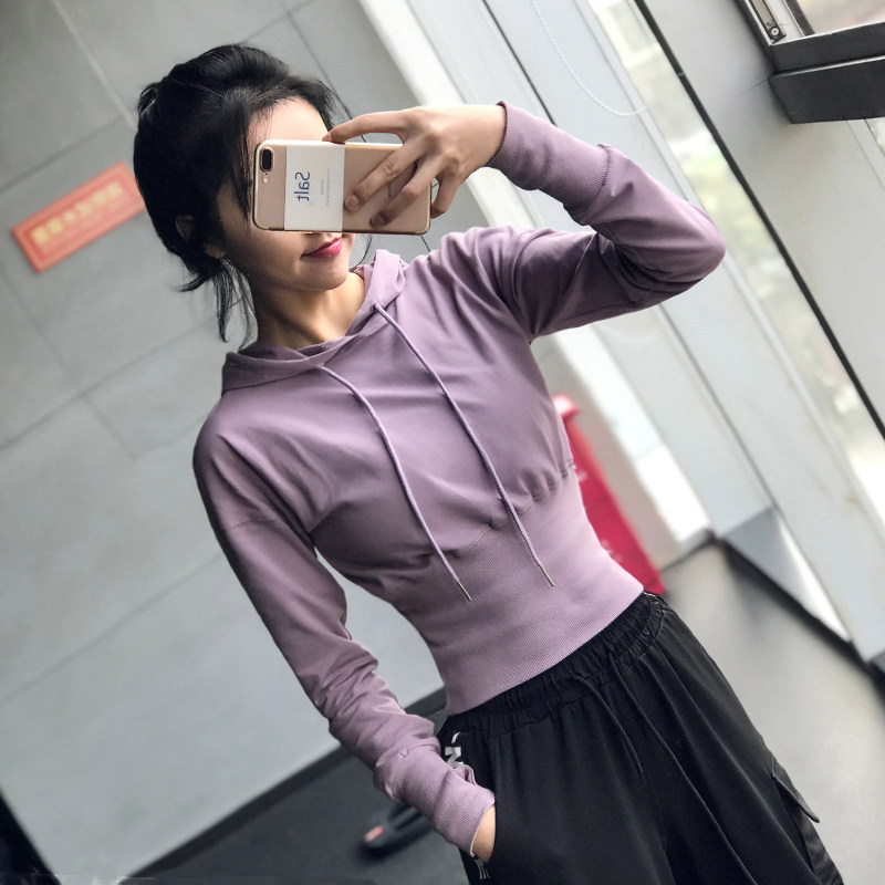 Song station hooded sexy waist guard pants thick cotton T women's long-sleeved loose thin running fitness jacket yoga top autumn