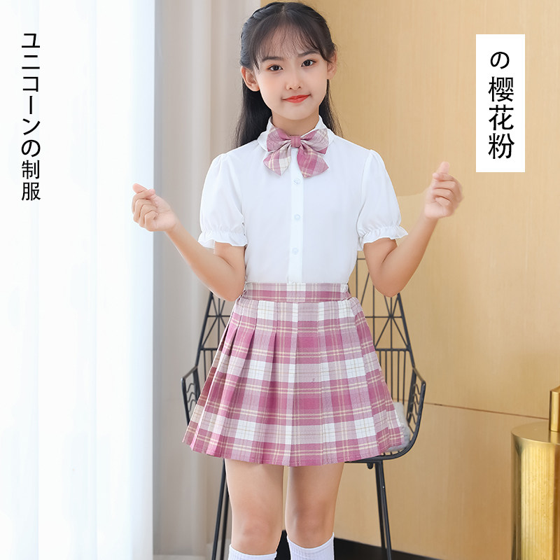 jk children's genuine uniform Girls skirt Summer foreign style sailor suit grid skirt Japanese primary school school uniform pleated skirt