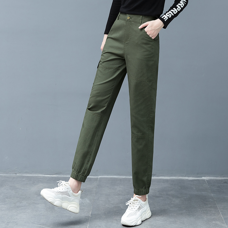 Military green overalls women slim high waist new 2022 spring and autumn Joker cotton casual toe loose pants