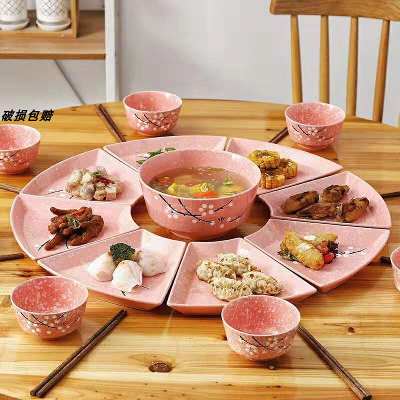 Net red platter home vibrato reunion tableware ceramic round table dinner plate plate creative plate fan-shaped plate combination