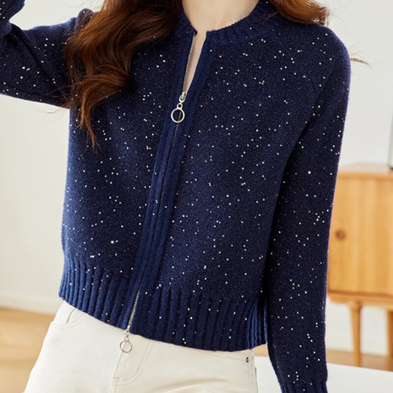 Glittery Sequin Sweater Short Jacket for Women, New Autumn and Winter Style, Loose and Chic, Petite Zip-Up Cardigan Outerwear Glittery Sequin Sweater Short Jacket for Women, New Autumn and Winter Style, Loose and Chic, Petite Zip-Up Cardigan Outerwear