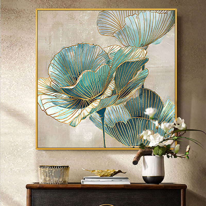 Modern simple light luxury decorative painting pure hand-painted oil painting lotus leaf flower living room dining hall hall hall oil painting hanging painting