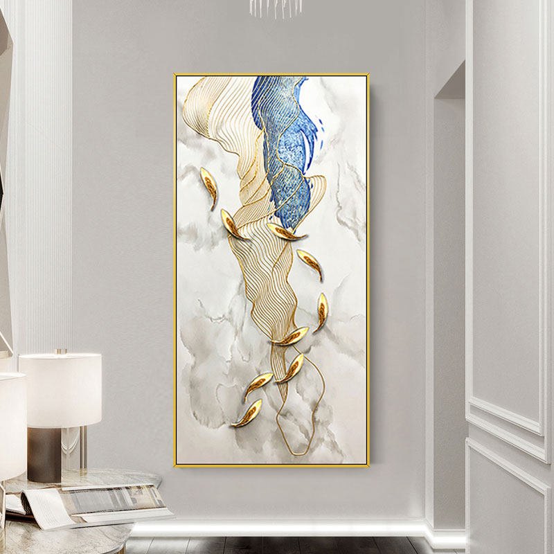 Hand-painted oil painting porch corridor aisle background wall decoration painting three-dimensional gold line abstract physical nine fish picture hanging painting