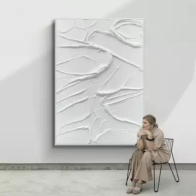Hand-painted oil painting modern simple abstract pure white thick texture decorative painting porch living room landing large hanging painting