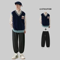 (two sets) Port Wind New Leisure suit Male students splicing Machia sweater male and female students handsome clothes