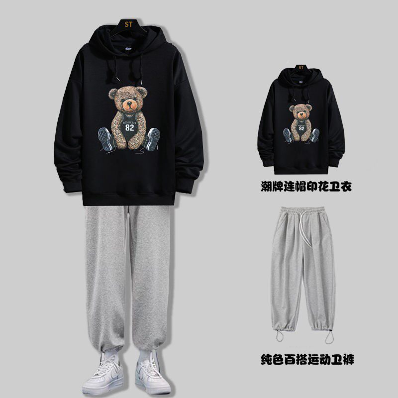 Two sets of small bear round neckline thick cotton T male autumn winter 100 hitch lovers coat trends ins large size easy blouses