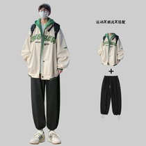 (two sets) Port Wind New Fake Two even hat jacket male student Han version loose 100 hitch teenage jacket
