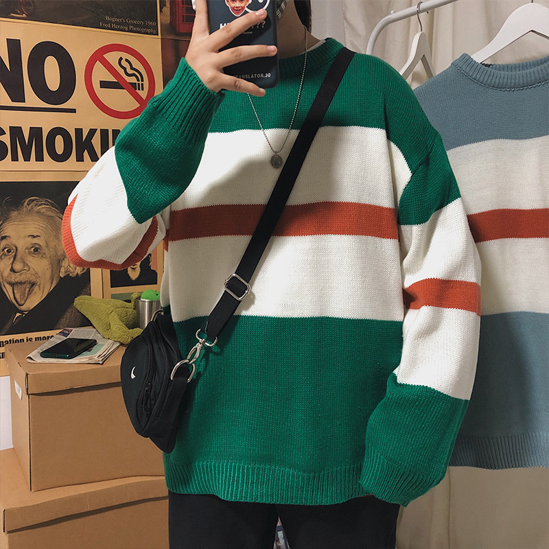 Autumn Winter Port Wind New Men's Collage Striped Sweater Loose Handsome Korean version Student trendy cardiovert blouse