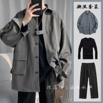 Three suits for mens boarder overalls shirt Korean version trendy loose 100 lap jacket casual yuppie handsome long sleeve shirt man