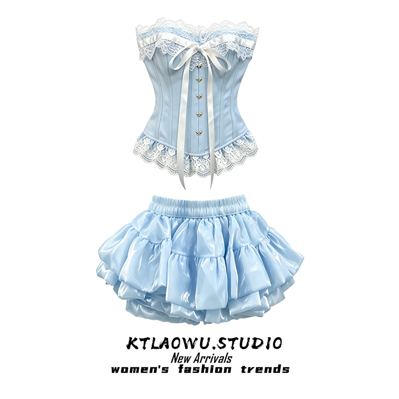 Elegant Suit for Women with a High-End, Sweet, and Slim-Fitting Style, Featuring a Blue Off-Shoulder Tube Top + High-Waisted Puffy Skirt Elegant Suit for Women with a High-End, Sweet, and Slim-Fitting Style, Featuring a Blue Off-Shoulder Tube Top + High-Waisted Puffy Skirt