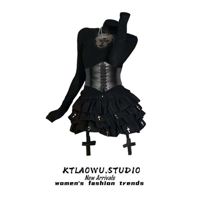 Dark Gothic Style Hollow-Out Turtleneck Knit Top for Women, Autumn Cross Cake Skirt with Puffy Pants and Waist Cincher Three-Piece Set