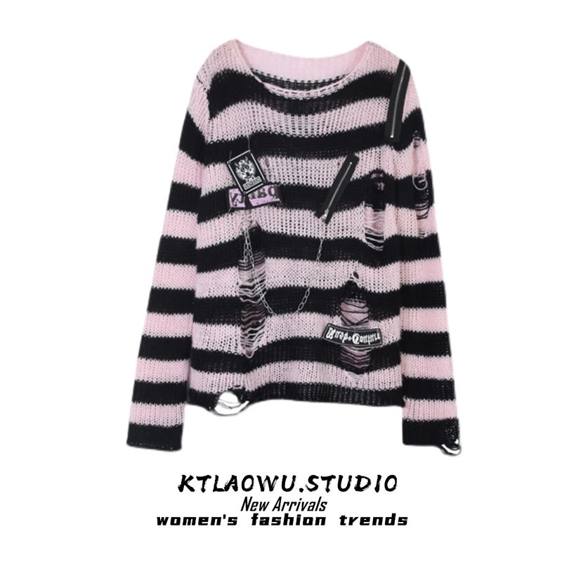 High-End Black and Pink Striped Y2K Sweater for Women, Popular in Spring and Autumn, Distressed Niche Design, Trendy Top with a Lazy Style High-End Black and Pink Striped Y2K Sweater for Women, Popular in Spring and Autumn, Distressed Niche Design, Trendy Top with a Lazy Style