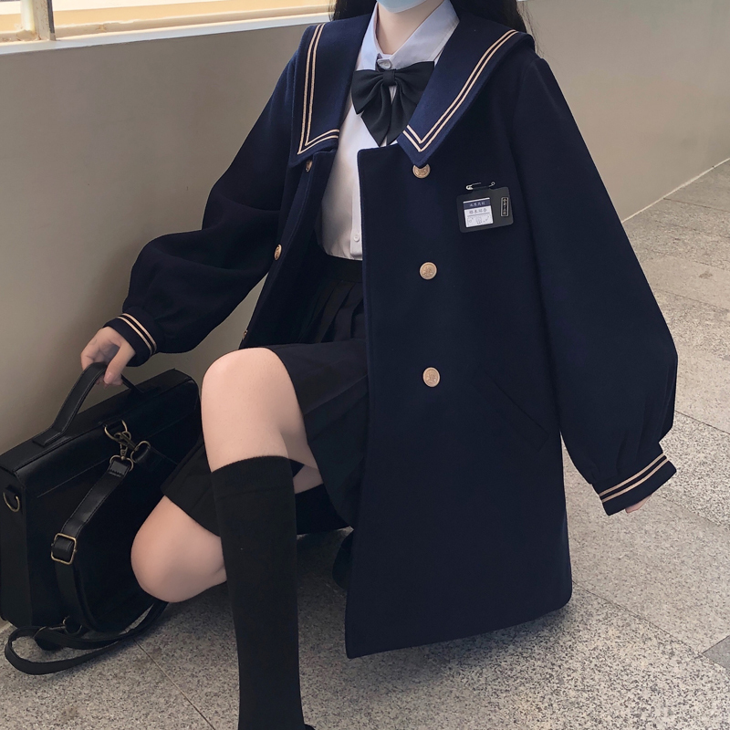 Navy Collar Jk Woolen Coat for Women, Autumn and Winter, Junior High and High School Students, College Style, Padded and Thickened Woolen Top